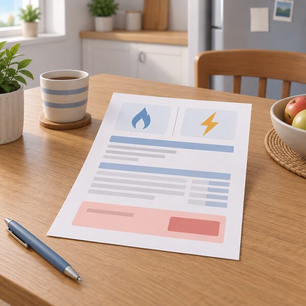 A domestic gas and electricity bill lying on a kitchen table, printed as a physical sheet with plain colour bands and blank lines standing in for the account details and charges, and an outstanding balance block shown large near the bottom with no readable figures.