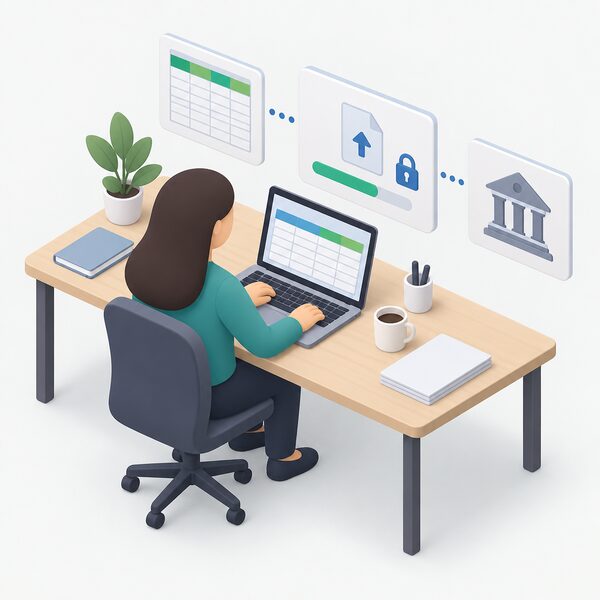 A supplier staff member at an office desk using a laptop whose screen shows a spreadsheet-style template with blank rows and plain colour blocks, uploading the completed claim file to a secure file-sharing platform for submission to Ofgem.