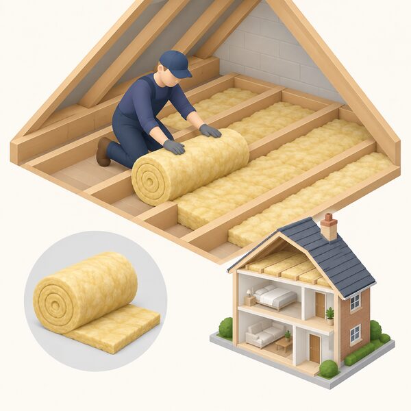 An installer in plain work clothing laying a roll of quilt loft insulation between the joists of a home's loft, with a small isometric view of the house below showing the insulated roof, representing a free ECO energy efficiency measure for an eligible household.
