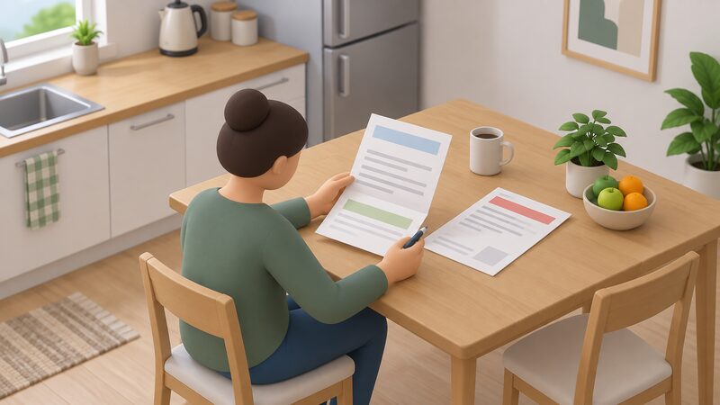 A supplier letter lying open on a kitchen table beside an energy bill, with a simplified figure seated reading it and a pen in hand, the letter's content shown only as blank lines and plain colour bands with no readable words or numbers.