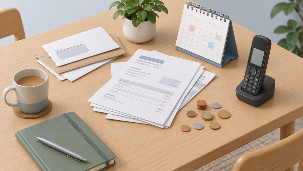 A kitchen table seen from above with a small stack of blank energy bills and envelopes, a scatter of coins, a wall calendar, and a cordless telephone resting beside the papers, suggesting a household arranging an affordable repayment plan with help from an advice service.
