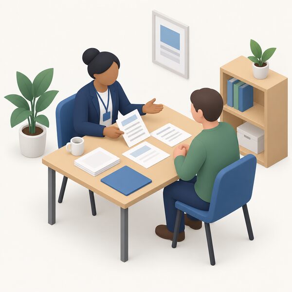 A Citizens Advice consumer service adviser sits across a table from a householder in an advice setting, with energy bills and papers spread between them, explaining support for someone struggling to pay their energy bills.