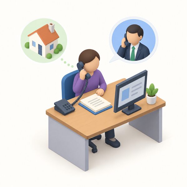 A small isometric adviser figure sits at a desk in an office, holding a telephone receiver to their ear while negotiating with an energy supplier on a household's behalf, with a case file and a plain screen on the desk representing the referred complaint being raised with the supplier.