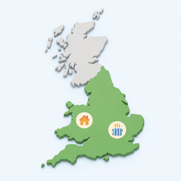 A simplified map of Great Britain with England and Wales shown as one plain colour region and Scotland left unshaded, with small plain markers over England and Wales indicating the two schemes, and no names, words or numbers anywhere.