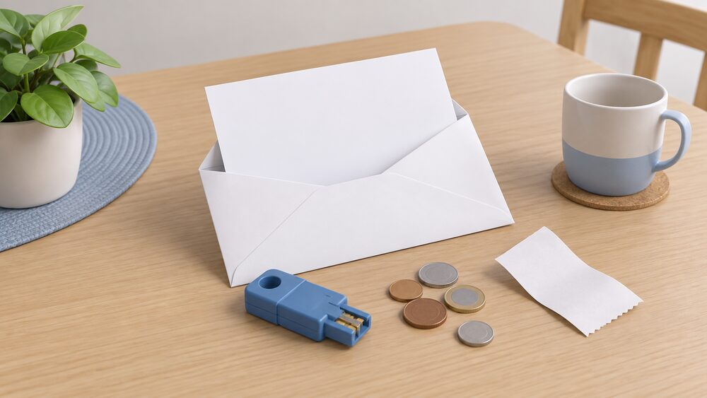 A small arrangement on a kitchen table of a blank official-looking letter in an opened envelope, a prepayment meter key, a few loose coins and a small blank top-up receipt, suggesting the moment a household receives notice about a forced prepayment meter installation.