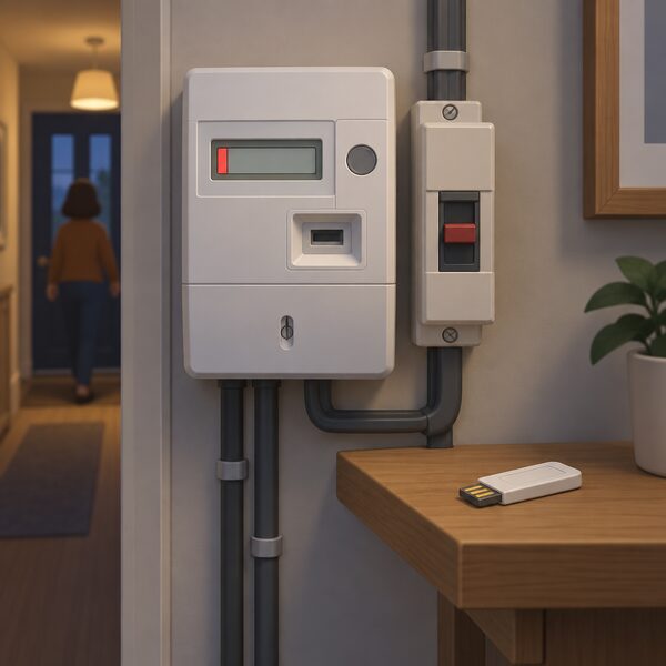 A close-up of a domestic prepayment electricity meter on a wall, its small digital display showing a plain near-empty credit bar with no readable figures, beside a blank top-up key resting on a nearby shelf in a dim hallway.