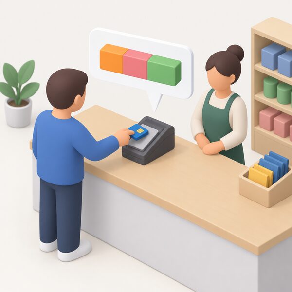 A shop counter scene where a customer's hand holds a prepayment key over a small top-up terminal while the shopkeeper stands behind the counter, with a simple diagram beside the terminal showing a single top-up block divided into three plain coloured segments for standing charge, debt repayment and remaining credit.