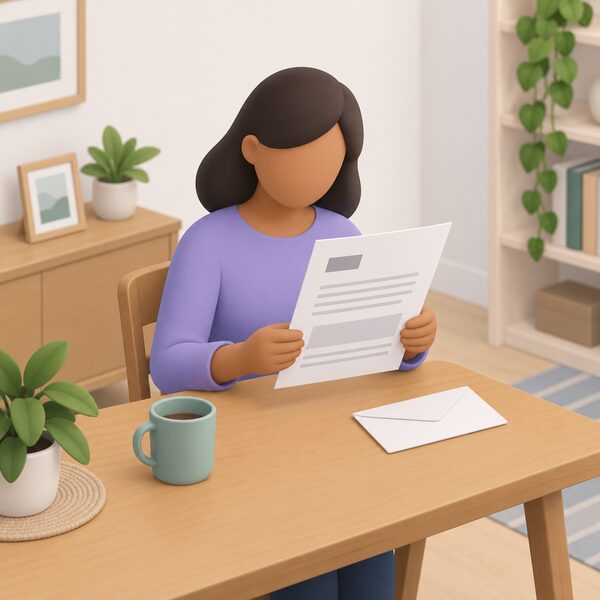 A person seated at a table in their home holding and reading a printed letter from their energy supplier, the deadlock letter that allows them to take an unresolved complaint to the Energy Ombudsman, with the envelope resting on the table beside them.