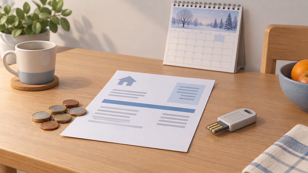 A closed domestic energy bill lying flat on a kitchen table beside a small pile of coins and a prepayment meter top-up key, with a wall calendar behind showing a past winter month, suggesting the automatic discount that once appeared on household bills.
