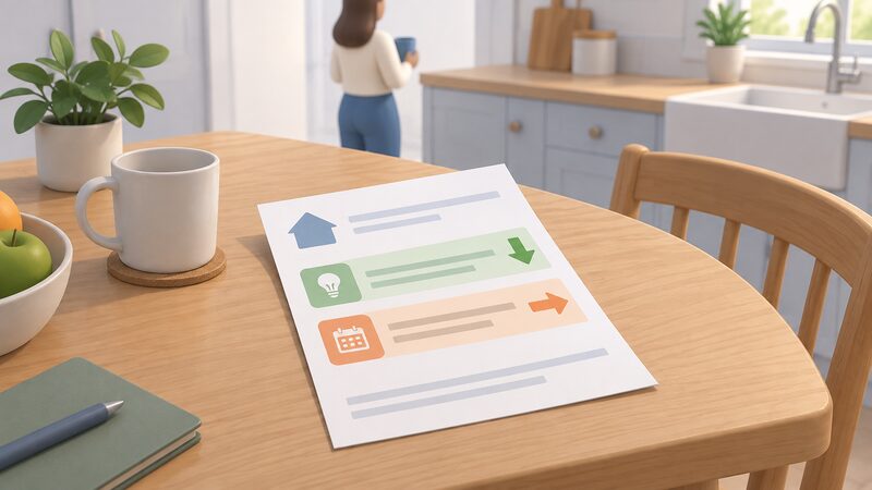 A paper household energy bill lying on a kitchen table, drawn as a physical document with plain colour bands showing a reduced unit-rate line beside an unchanged daily standing-charge line, with no readable figures.
