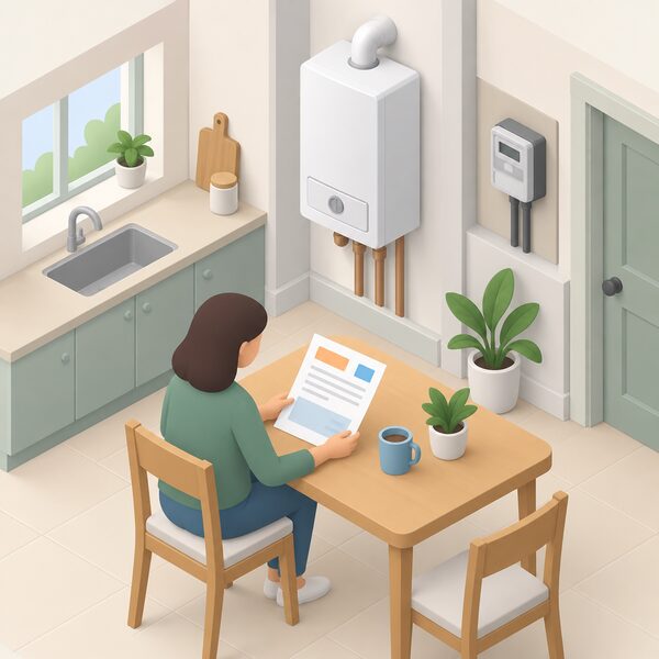 A domestic dual fuel annual energy bill lying on a kitchen table, drawn as a physical paper document with blank lines and plain colour blocks instead of readable figures, beside a small isometric figure of a householder reading it, with a gas boiler and electricity meter visible in the background of the home.