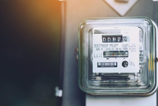 A close-up of an old glass-domed analogue electricity watt-hour meter mounted on a wall