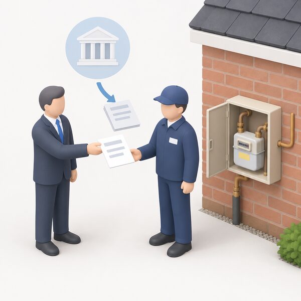 A simplified isometric scene of a domestic gas meter in its outside meter box on a house wall, with a supplier's representative figure standing beside it holding a plain document representing the government compensation paid to the supplier for the discount.