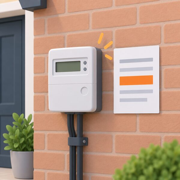A domestic electricity meter mounted on an outside wall of a house, with a plain document beside it showing the price cap level as a simple colour band, representing the Ofgem cap becoming active again once the guarantee closed.