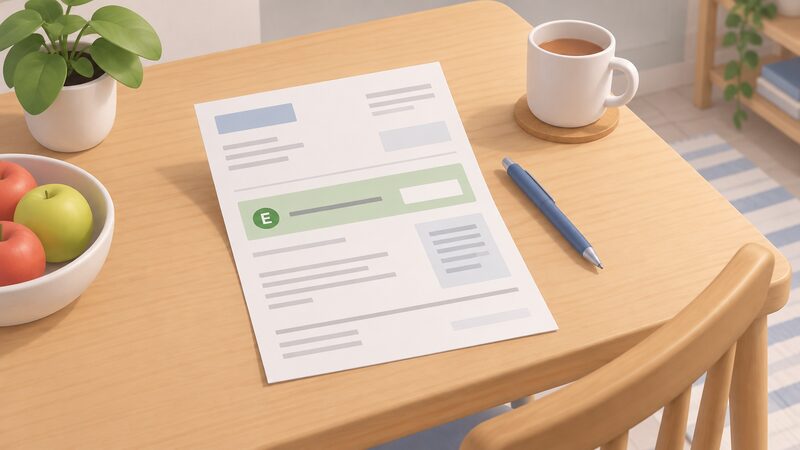 A paper energy bill lying on a household table, opened to show the meter reading section with a plain colour highlight band and a small circular 'E' marker beside the reading line, with a pen resting nearby.