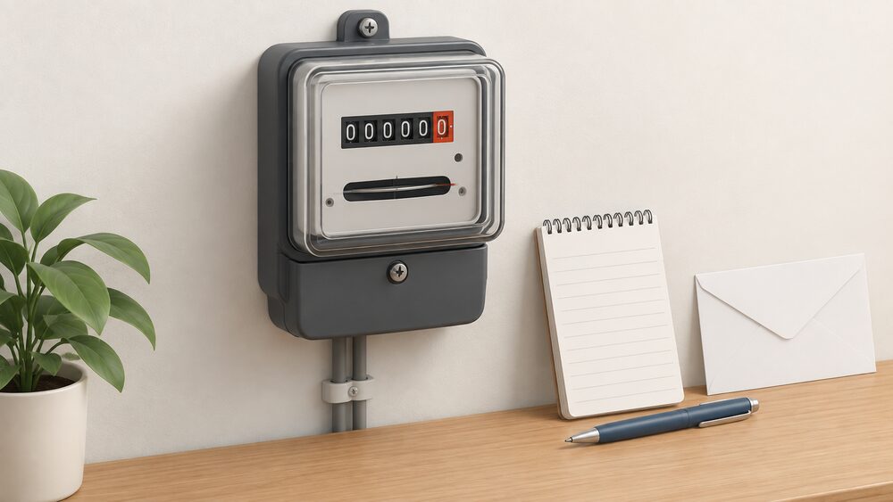 A close-up of a standard domestic electricity meter mounted on a plain indoor wall, with a notepad and pen resting beside it and a blank envelope nearby, showing the moment a household reads the meter to submit an actual reading.