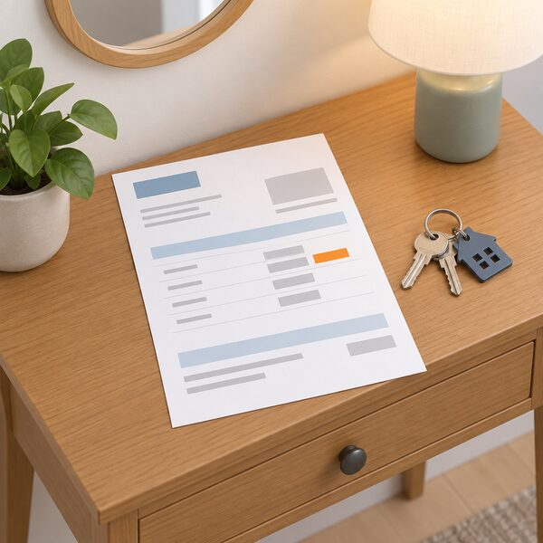 A paper energy bill lying on a hall table beside a set of house keys, drawn as a physical sheet with blank line blocks for the account details and a reading line where one entry carries a plain colour marker band standing for the estimated flag, with no readable words or numbers anywhere on the page.