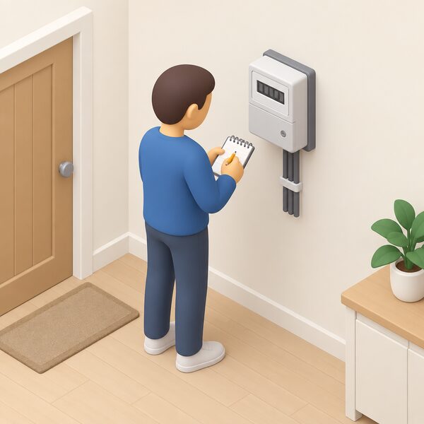 A simplified isometric figure stands beside a domestic electricity meter mounted on an interior wall, reading the display and writing the figures on a notepad held in hand.