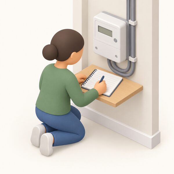A simplified isometric figure kneels beside a domestic electricity meter, writing a reading into a small notebook resting on a flat surface, with the meter's display shown as a plain blank panel and the notebook's page as blank ruled lines.