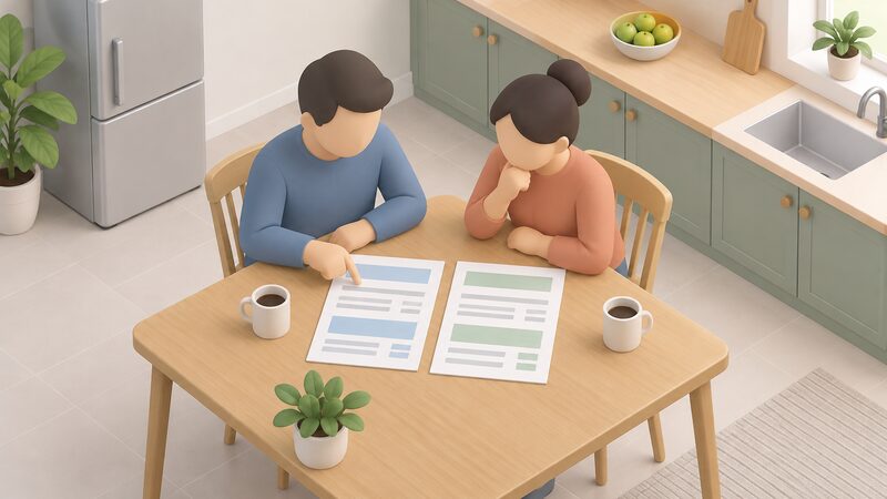 Two simplified household figures sit at a kitchen table comparing two printed energy quotes laid side by side, each showing blank lines and plain colour bands where unit rates and standing charges would appear, with no readable figures.