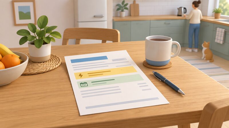 A paper household energy bill lying on a kitchen table, with the tariff name and the contract end date highlighted by plain colour bands, beside a mug and a pen.