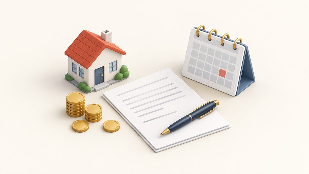 A small kitchen table arrangement showing the moment of choosing a tariff: a blank contract document with a pen resting on it, a wall calendar beside it, a small house model, and a few coins, all lit softly with nothing else in the frame.