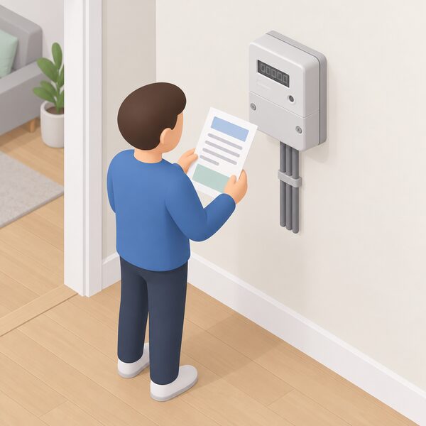 A domestic electricity meter mounted on an interior wall of a home, with a simplified isometric figure beside it holding a paper bill whose content is shown only as blank lines and plain colour blocks, illustrating that the meter records consumption while the bill total varies.
