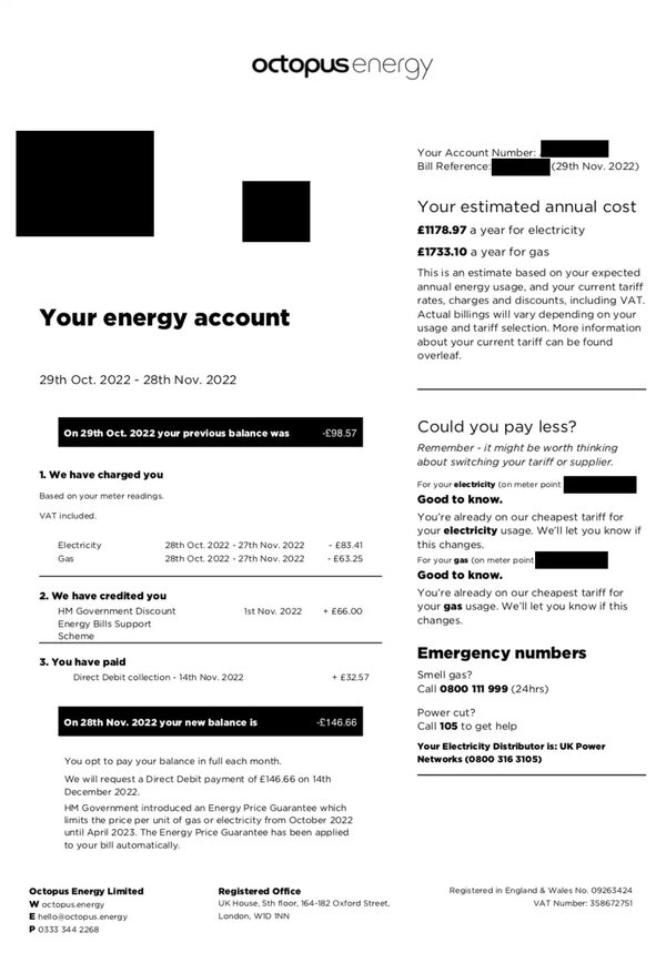 A sample Octopus Energy bill showing account charges, credits, payments and estimated annual costs