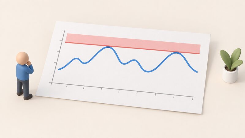 A simple chart drawn as a printed sheet showing a wavy line rising and falling beneath a straight horizontal ceiling band above it, with the wavy line touching but never crossing the ceiling, illustrating a variable rate held under a cap.