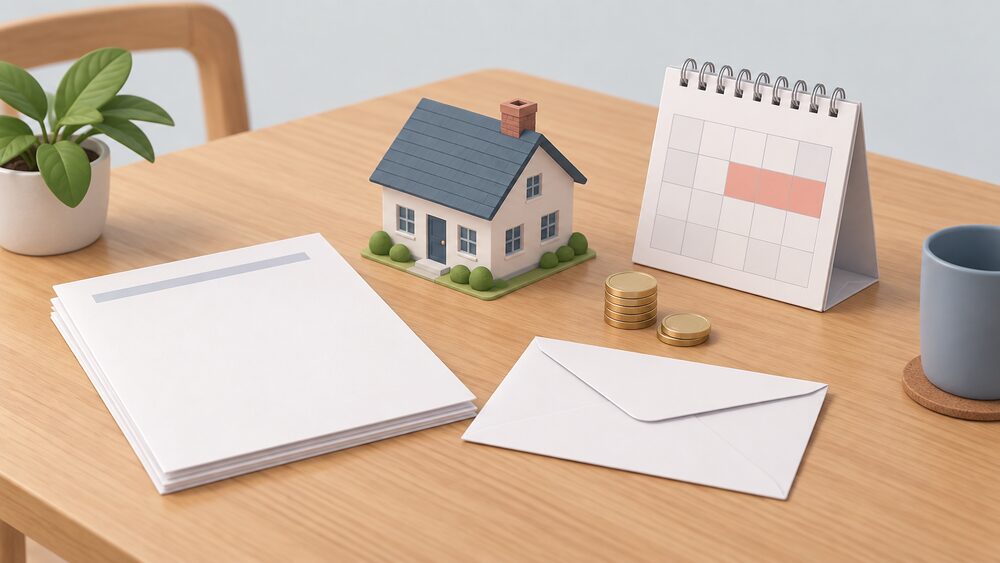 A kitchen table with blank energy paperwork and a blank letter beside a small model house, a wall calendar showing a quarter marked, and a short stack of coins, representing the choice between a fixed deal and the quarterly price cap.