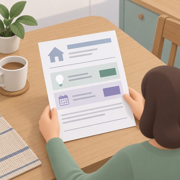A printed household energy tariff statement lying on a kitchen table, showing the agreed unit rate and standing charge as plain blocks with blank lines, held for the contract length.