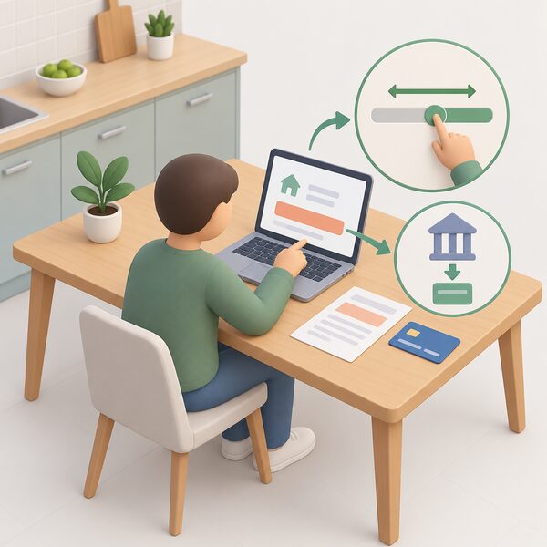 A simplified isometric figure stands at a kitchen table beside a laptop showing an energy account screen with a plain payment band, while a bank card and a paper statement lie nearby, showing a direct debit payment being taken from the household account.