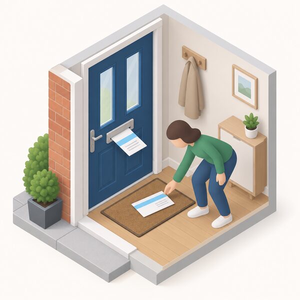 A plain reminder letter, shown as a physical envelope with a simple colour band and blank lines instead of readable text, dropping through the letterbox in the front door of a typical UK home, with a simplified isometric figure of a household member reaching to pick it up from the mat inside.