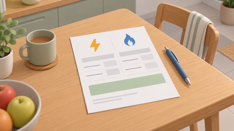 A printed dual fuel energy bill lying on a kitchen table beside a pen, its layout showing blank line items for unit rates and standing charges and a plain colour band for the annual cap figure, with no readable words or numbers.