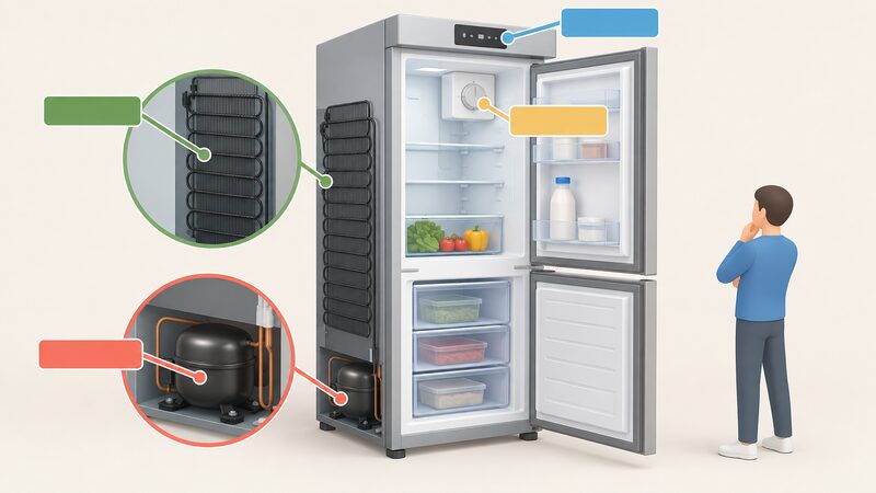 A cutaway diagram of a freestanding fridge freezer showing the compressor at the base, the condenser coils on the back and the thermostat inside the cabinet, each marked with a plain blank callout band instead of words, with the display panel at the top front also indicated.