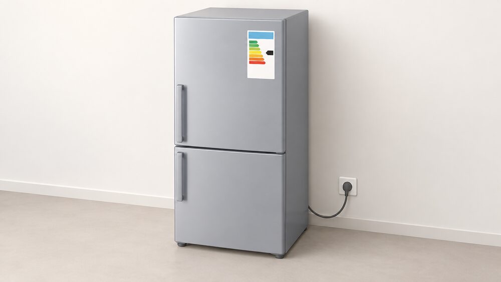 A freestanding fridge freezer in a kitchen, shown close up with its door closed and an energy label attached to the front, a small plug and cable running to a wall socket beside it.