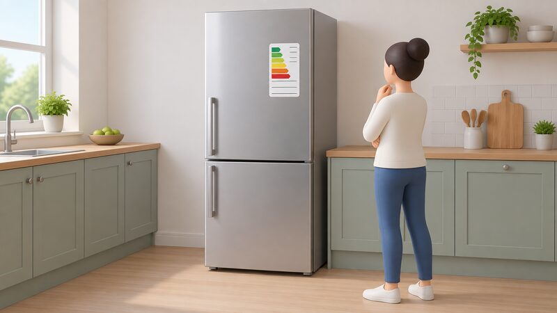 A modern UK fridge freezer standing in a kitchen with its EU-style energy label stuck on the front door, the label shown as a plain colour-banded sticker with blank lines so no figures are readable.