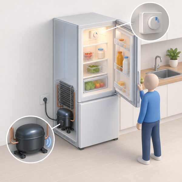A fridge freezer standing in a kitchen with a cutaway showing the compressor at the back running while a thermostat inside calls for cooling, a small figure opening the door so the interior light and standby draw are visible.