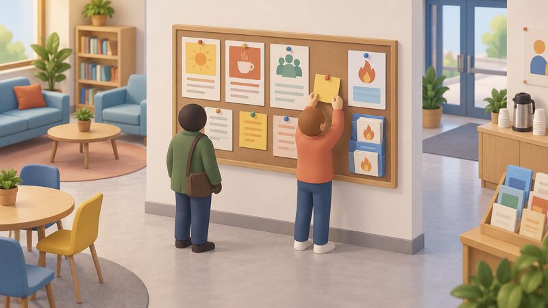 A community hub interior with a large noticeboard pinned with plain warm-space session cards and fuel voucher referral leaflets, where a simplified figure reads the board while another posts a new card, showing hubs as the local referral route into the scheme.