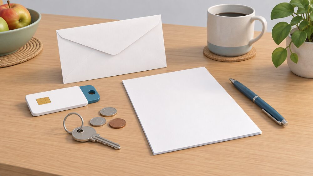 A small kitchen-table arrangement showing the moment of emergency help: a blank voucher envelope and a prepayment top-up key or card lying beside a house key and a few coins, with a plain blank application form and a pen nearby, nothing needing words to be understood.