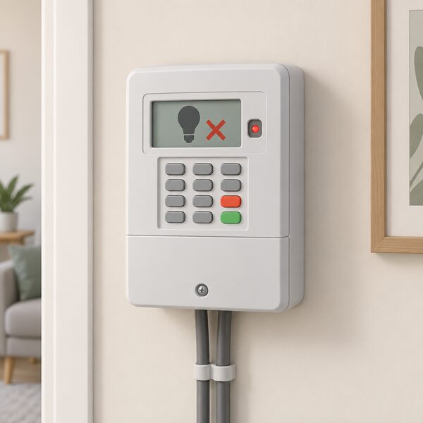 A wall-mounted prepayment electricity meter inside a home, shown in close-up with its display and keypad, illustrating that the meter stops supply when credit runs out.