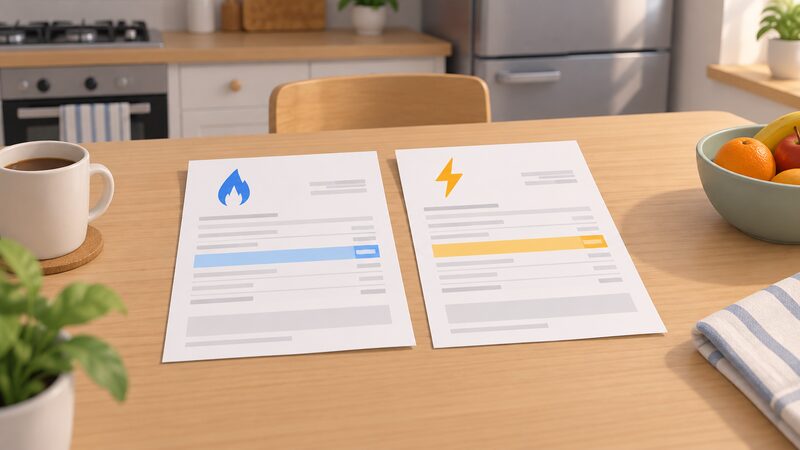 Two household energy bills lying side by side on a kitchen table, one gas and one electricity, each with its unit rate line highlighted as a plain colour band so the two lines can be compared directly.