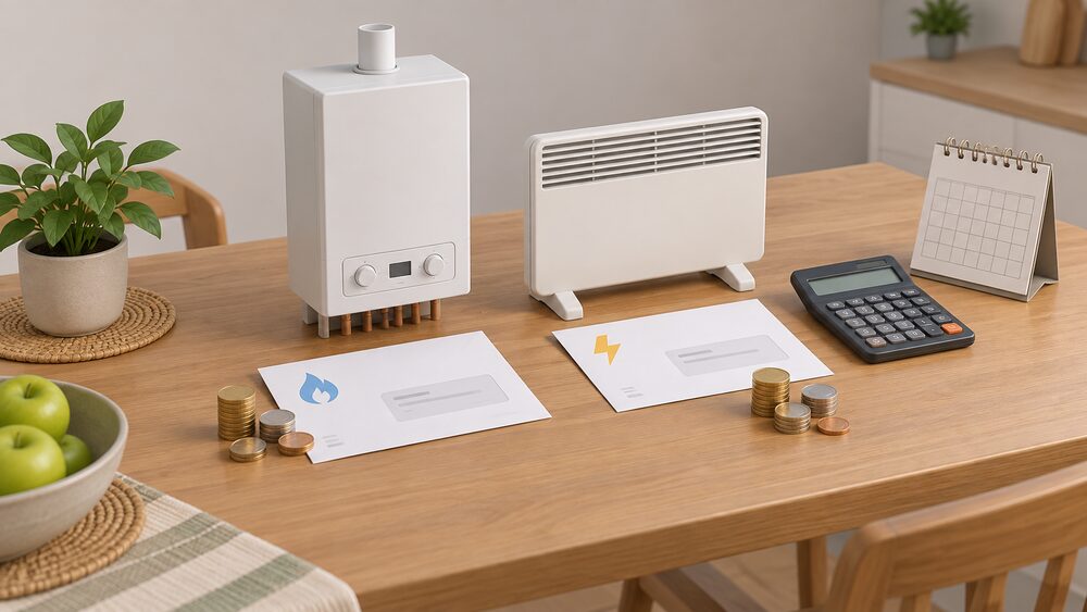 A kitchen table with two plain energy bills side by side, a small pile of coins beside each, a small model gas boiler standing behind one bill and a small model electric panel heater behind the other, with a calculator and a calendar nearby.