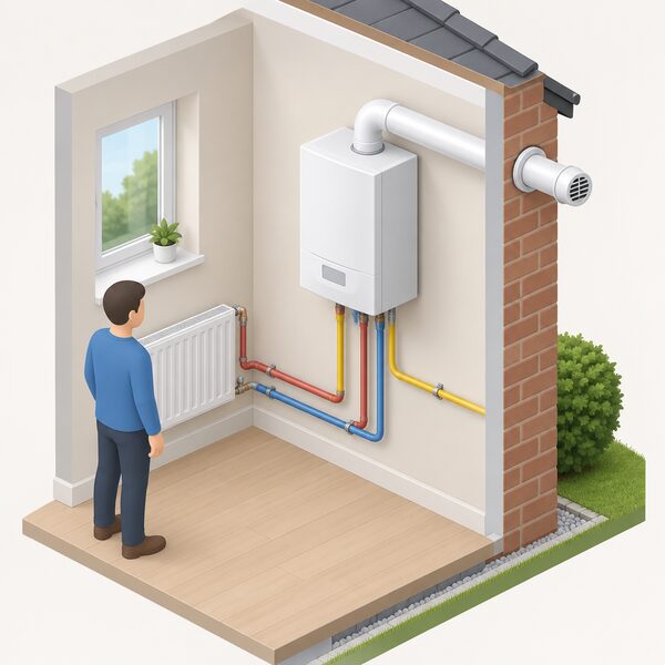 A wall-mounted domestic gas boiler inside a home, shown in cutaway isometric view, with its horizontal flue pipe passing through the outside wall to terminate outdoors, and pipework connecting the boiler to gas and heating circuits.