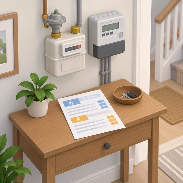 A paper energy bill lying on a domestic hallway table beside a gas meter and electricity meter, its layout showing separate standing charge and unit rate line items for each fuel as blank ruled lines and plain colour blocks.