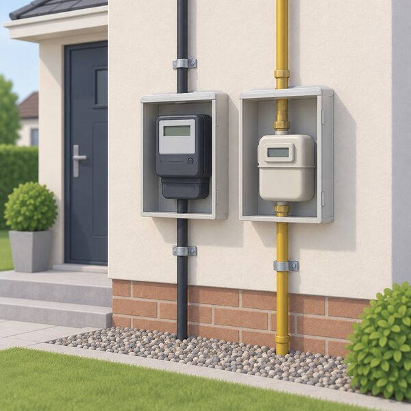 An exterior wall of a house with a domestic electricity meter and a gas meter mounted side by side, each in its own box, with the incoming electricity supply cable and gas supply pipe entering the home through the wall.