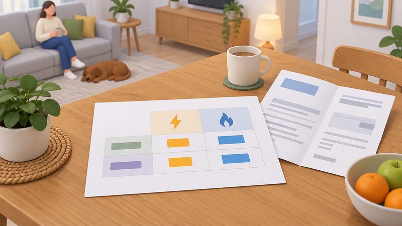 A printed price cap rate table lying on a household table beside an open energy bill, showing two quarterly period rows with separate columns for electricity and gas unit rates, each figure rendered as a plain colour block so no readable numbers appear.