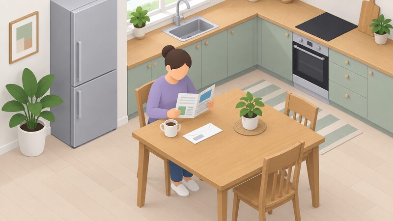A householder seated at a kitchen table reading a printed council crisis support leaflet, with a mug and an energy bill envelope beside them in a simple domestic kitchen setting.
