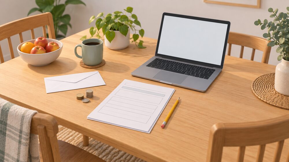 A kitchen table seen from above with a blank application form, a plain envelope, a small stack of coins, a pencil and a laptop with a blank screen, arranged as a household sitting down to apply for help with its energy bills.