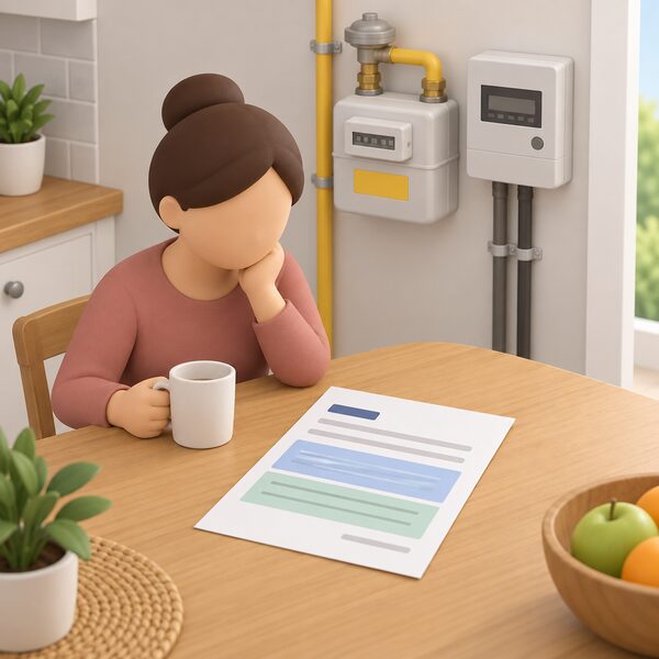 A paper energy bill lying on a kitchen table in a home, shown as a physical document with blank lines and plain colour bands for its charges, beside a gas meter and electricity meter on the wall behind, representing a dual-fuel household on a standard variable tariff paying by Direct Debit.